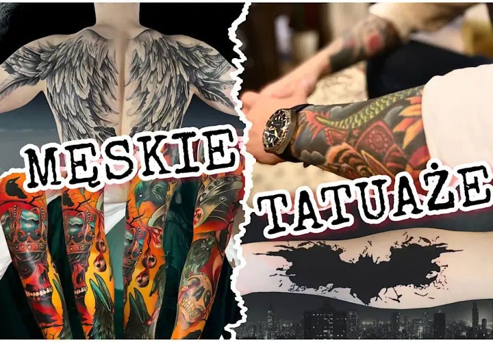 Męskie tatuaże na udzie: skrzydła anioła, czaszki, smoki i symbol Batmana.