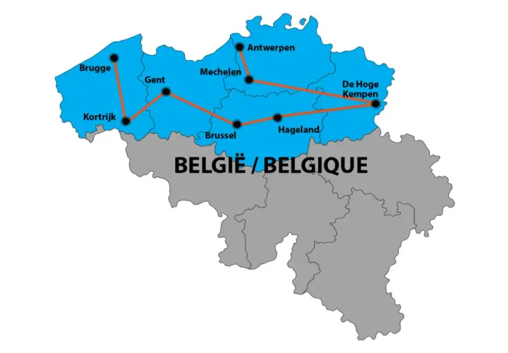 Carte de la Belgique avec un itinéraire suggéré pour découvrir les plus beaux endroits en camping-car : Bruges, Gand, Courtrai, Bruxelles, Malines, Anvers, Hageland et De Hoge Kempen.