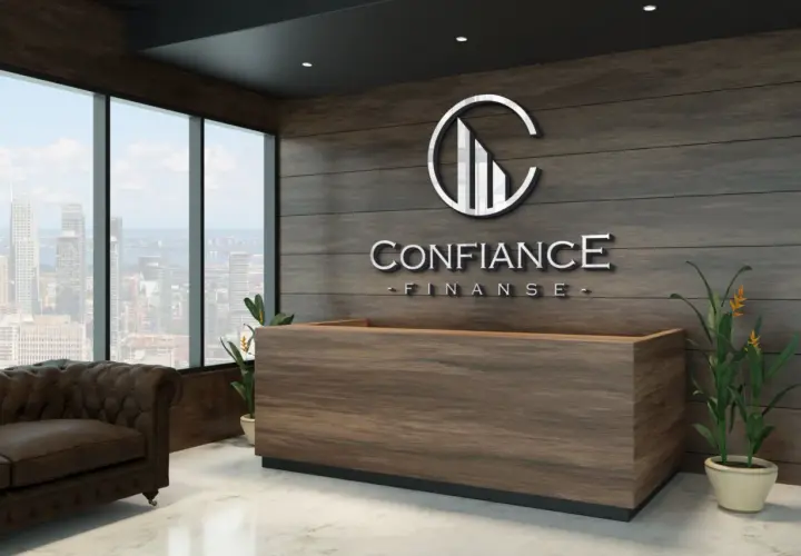 Nowoczesne biuro z logo "CONFIANCE FINANSE", kanapą i widokiem na miasto.