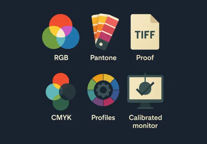 Ikony: RGB, Pantone, Proof, CMYK, Profiles, Calibrated monitor. Kluczowe dla jakości wydruku są dpi i ppi.