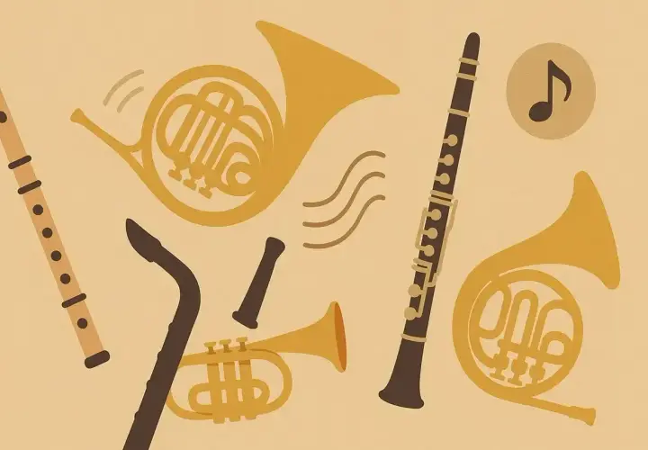Instrumenty dęte drewniane: flet, klarnet, saksofon, trąbka i dwa rogi.