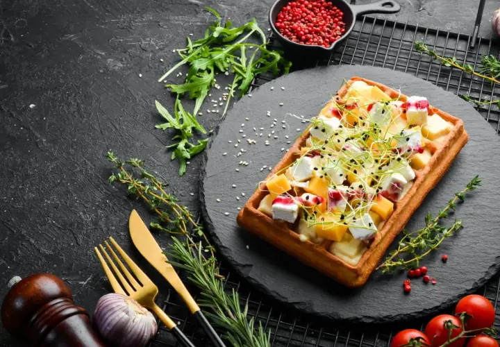 Gaufre salée garnie de fromage, de dés de mangue et de pousses, sur une ardoise noire.