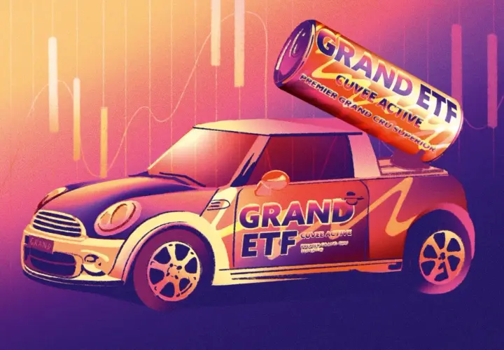 Ein Auto mit "GRAND ETF CUVEE ACTIVE" Aufschrift, darauf eine Dose "GRAND ETF". Ein Symbol für aktive ETFs.