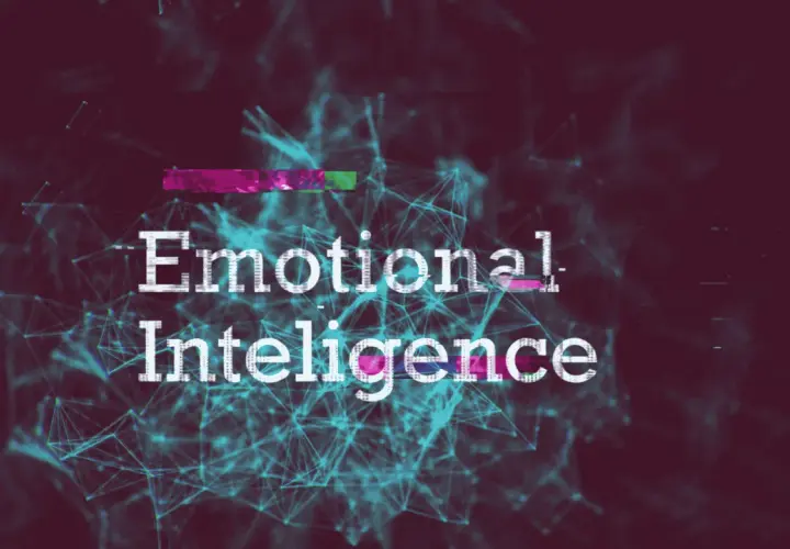 Text "Emotional Intelligence" overlaid on a digital network. Overcoming an internal roadblock is key to developing this skill.
