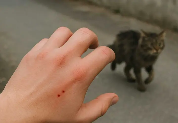 Mano con dos pequeñas heridas rojas, evidencia de una mordedura de gato. El felino se aleja desenfocado al fondo.