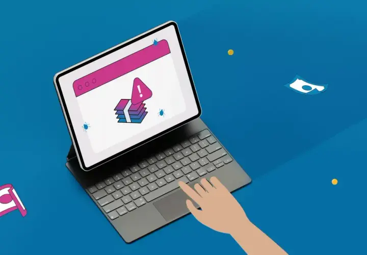 Ręka klika w tablet z ostrzeżeniem o błędach i ikoną kyc. Wokół leżą monety i banknoty.