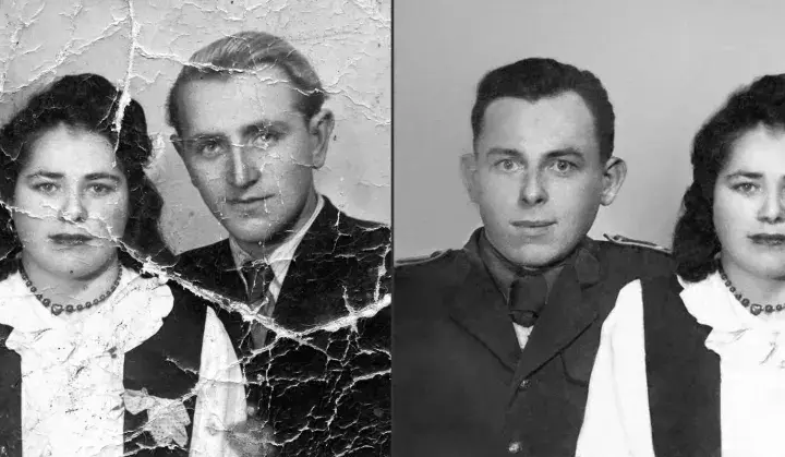 Przed i po retuszu starych zdjęć online. Para na zniszczonym i odnowionym portrecie.