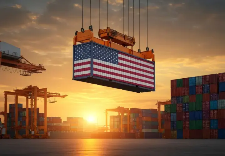 Kontener z flagą USA podnoszony przez dźwig w porcie. W tle stosy kontenerów i zachodzące słońce. Maszyny budowlane z USA pracują w porcie.