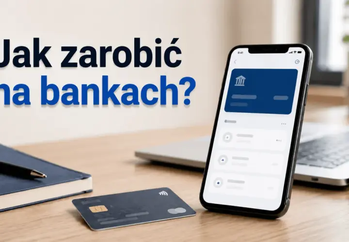Jak zarobić na bankach? Smartfon z aplikacją bankową, karta płatnicza i notatnik na biurku sugerują strategie finansowe.