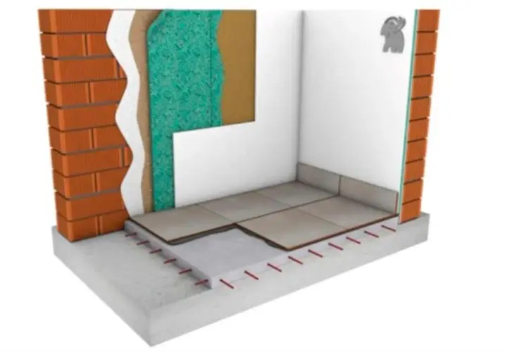 Corte de pared y suelo mostrando capas de aislamiento térmico, ladrillos, yeso y baldosas. Un sistema que garantiza el mejor aislante térmico.