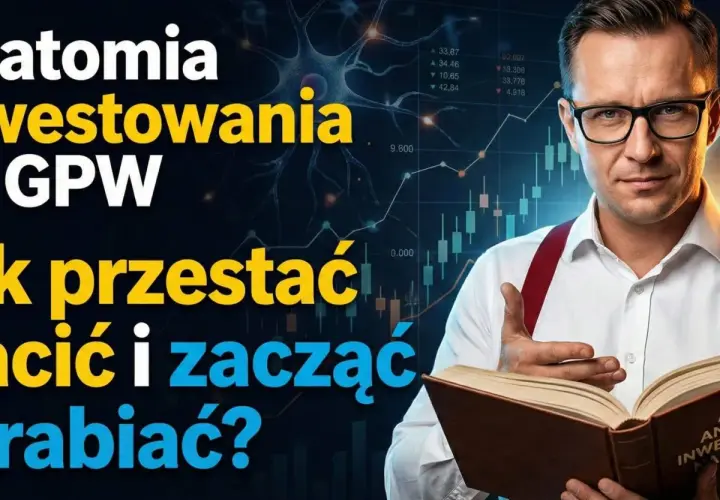 Anatomia inwestowania na GPW: jak przestać tracić i zacząć zarabiać? Mężczyzna z książką na tle wykresów giełdowych.
