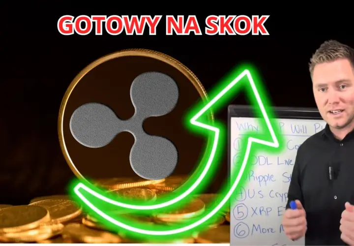 Moneta XRP na stosie złotych monet, obok mężczyzny i tablicy z napisem "Why XRP Will Pu".