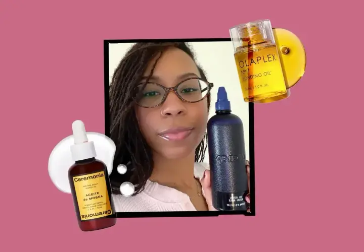 Kobieta z warkoczykami i okularami prezentuje produkty do pielęgnacji włosów. Włosy wysokoporowate to jakie? Olejek Olaplex i serum Ceremonia pomogą je odżywić.