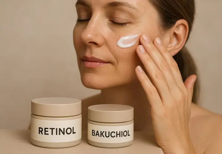 Kvinna applicerar kräm med retinol a. Två burkar med hudvårdsprodukter, en märkt "RETINOL" och den andra "BAKUCHIOL".