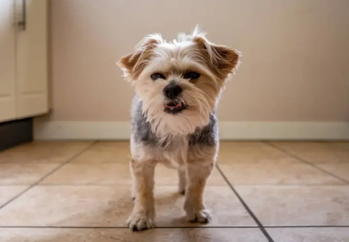 Perro Yorkshire Terrier con aspecto cansado, quizás por faringitis en perros.