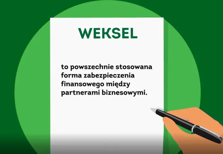 Dłoń trzyma pióro nad dokumentem z napisem "WEKSEL". Tekst wyjaśnia, że weksel in blanco to powszechna forma zabezpieczenia finansowego.