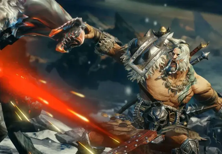 Wojownik z Diablo Immortal walczy z potworem, używając ognistej broni.