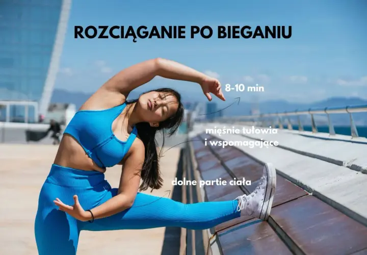 Kobieta w niebieskim stroju wykonuje rozciąganie po bieganiu, skupiając się na mięśniach tułowia i dolnych partiach ciała.