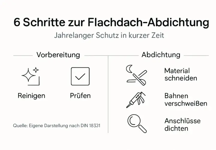 6 Schritte zur Flachdach-Abdichtung: Vorbereitung (Reinigen, Prüfen) und Abdichtung (Material schneiden, Bahnen verschweißen, Anschlüsse dichten). So werden Schrauben am Flachdach abgedichtet.