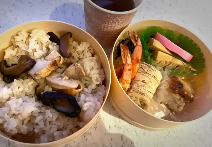 A delicious ekiben, meaning train bento, with rice, chicken, mushrooms, shrimp, and other treats, perfect for a journey.