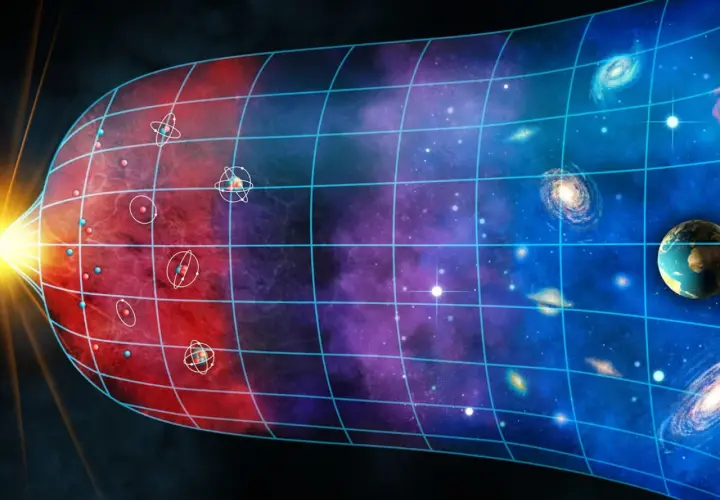 Wizualizacja **holograficznego wszechświata**: od atomów po galaktyki, wszystko w siatce czasu i przestrzeni.