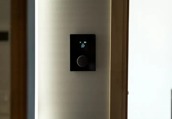 Nowoczesny panel sterowania ogrzewaniem elektrycznym pokazuje 27 stopni.