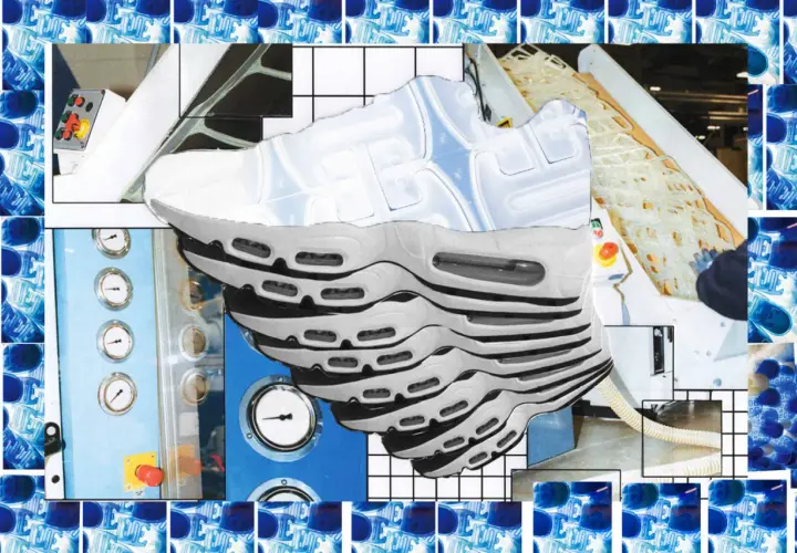 Kolaż przedstawiający fragmenty buta Nike, maszynę przemysłową i niebieskie butelki.
