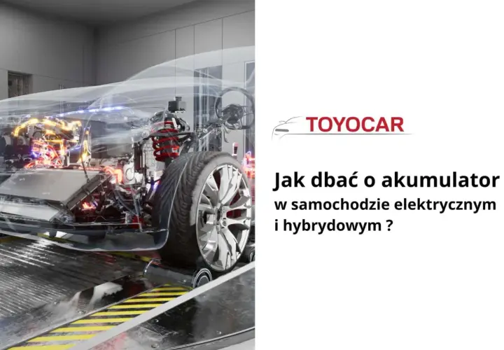 Przejrzysty schemat akumulatora w samochodzie elektrycznym (BEV) i hybrydowym. Logo Toyocar i tytuł "Jak dbać o akumulator w samochodzie elektrycznym i hybrydowym?".
