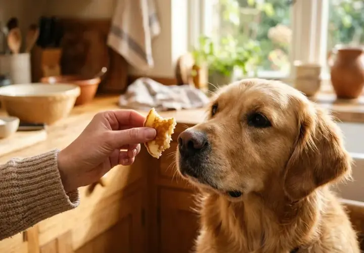 A golden retriever looks intently at a piece of pancake offered by a hand, raising the question: can dogs eat pancakes?
