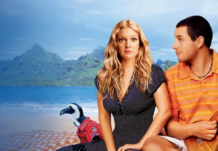 Drew Barrymore i Adam Sandler, czyli 50 pierwszych randek obsada, siedzą na plaży z pingwinem.