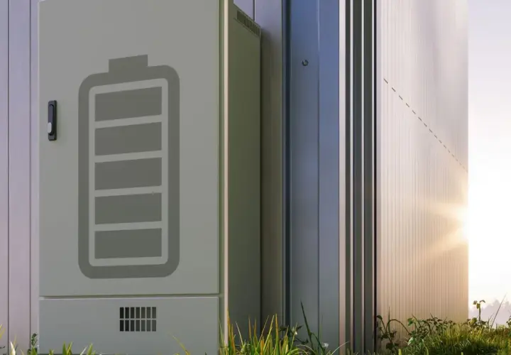 Ein moderner Batteriespeicher steht im Freien. Das Symbol einer vollen Batterie ist auf der Seite angebracht, was auf einen erfolgreichen batteriespeicher test hindeutet.