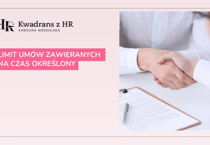 Dwie osoby ściskają sobie dłonie nad dokumentem. Na ekranie widnieje napis "LIMIT UMÓW ZAWIERANYCH NA CZAS OKREŚLONY".