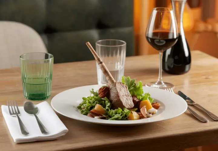 Un gigot d'agneau avec flageolets, servi avec un verre de vin rouge. Un plat parfait pour un repas savoureux.