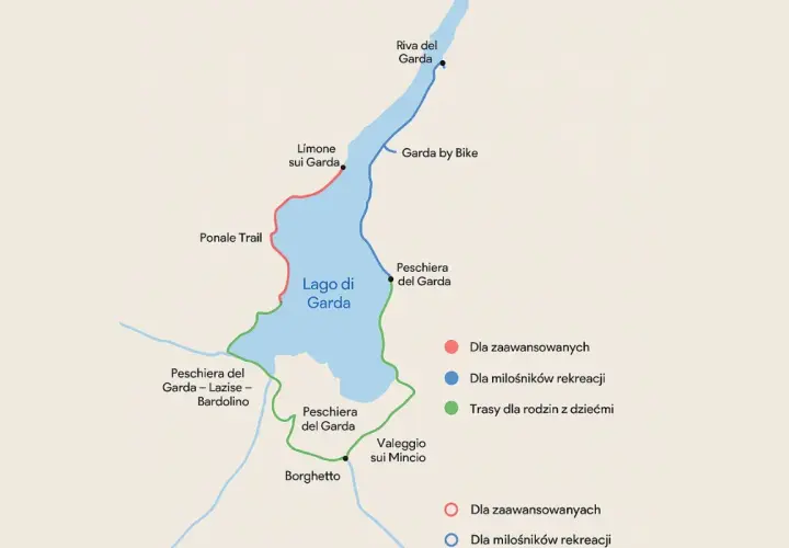 Mapa szlaków wokół garda miasto. Kolory oznaczają trasy dla zaawansowanych, rekreacyjne i rodzinne.