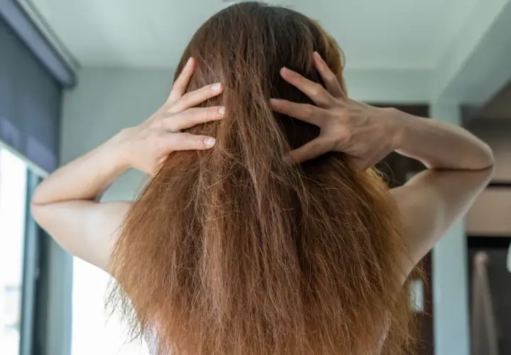 Manos revolviendo el pelo encrespado de una mujer, mostrando la textura seca y desordenada.