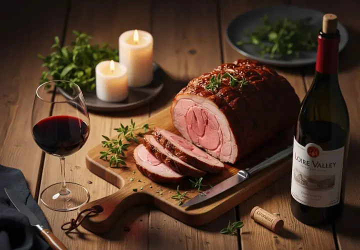 Un rôti de porc juteux, tranché sur une planche en bois, avec un verre de vin rouge et une bouteille de Loire Valley. La question "quel vin avec rôti de porc" trouve ici une réponse visuelle.