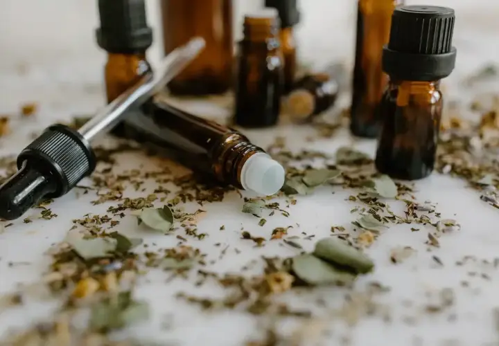 Butelki z ciemnego szkła, pipeta i rollerball otoczone suszonymi ziołami. To może być zestaw do tworzenia własnych olejków, które można aplikować jak vaporisateur spray.