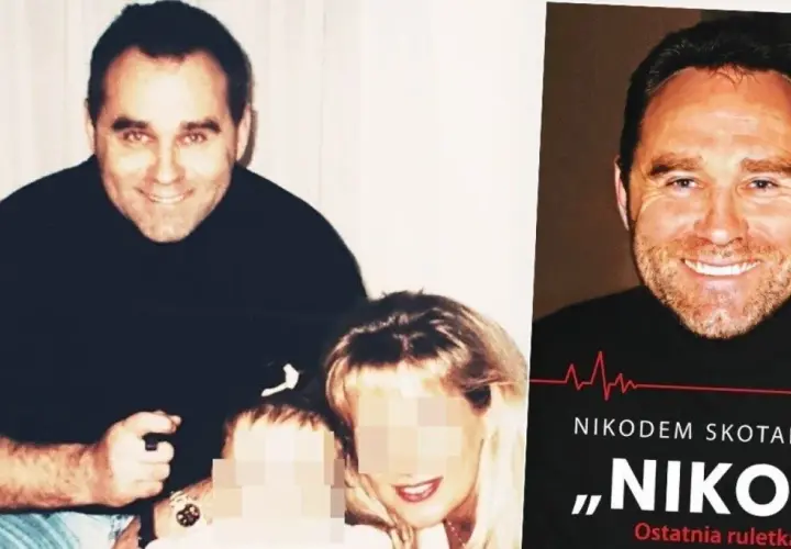 Nikodem Skotarczak z rodziną, obok okładka książki o jego życiu.