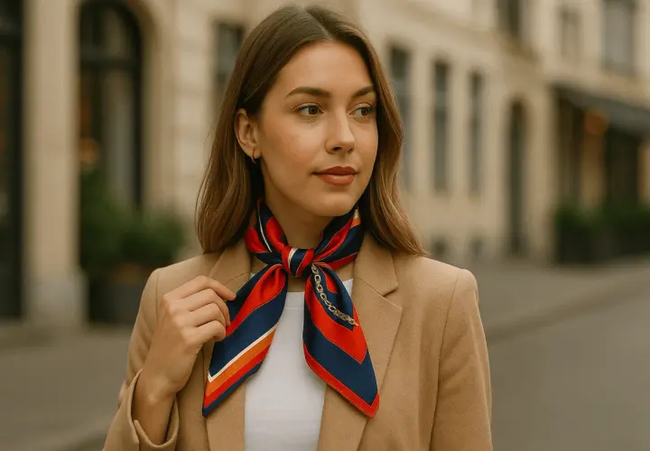 Elegancka kobieta prezentuje, jak wiązać apaszkę do płaszcza. Kolorowa apaszka z motywem łańcuszka dodaje szyku.