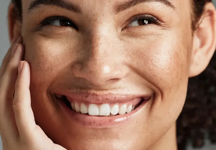 En närbild av en kvinna med fräknar som ler. Hennes hud ser naturlig och frisk ut, en inspiration för hur blir man en clean girl.