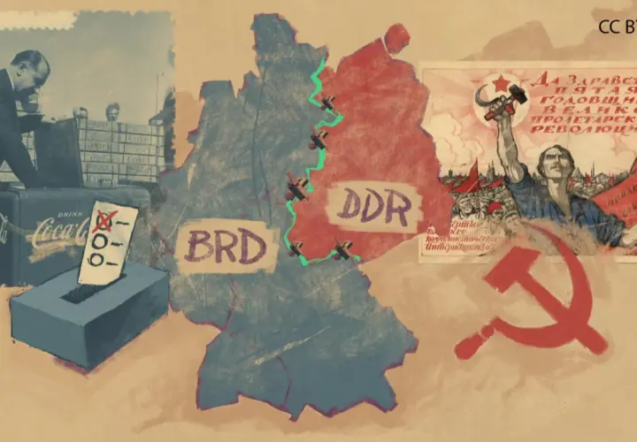 Deutschland geteilt in BRD und DDR, Symbole des Kalten Krieges: Wahlurne, Coca-Cola, sowjetische Propaganda.