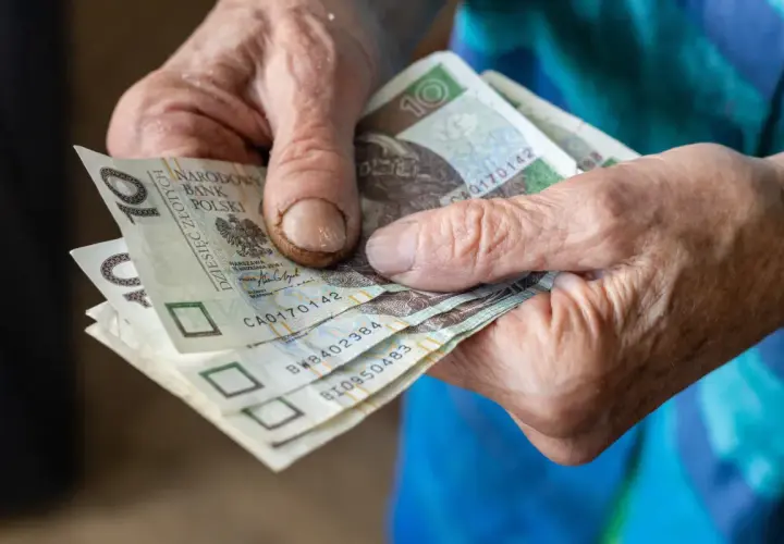 Dłonie starszej osoby trzymają polskie banknoty dziesięciozłotowe.