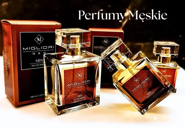 Eleganckie perfumy męskie Migliori, które utrwalają zapachy na długo. Złote akcenty i szklane flakony.