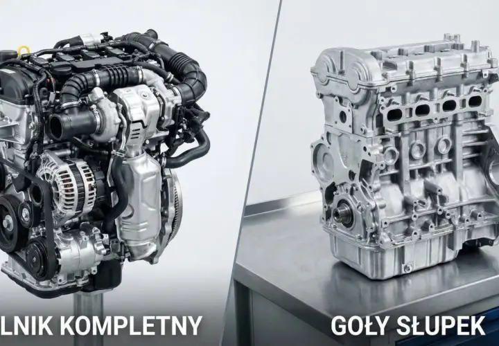 Kompletny silnik 2.0 TDI z turbosprężarką i osprzętem obok gołego bloku silnika.