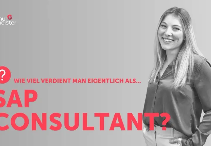 Fragezeichen-Blase neben Text: "Wie viel verdient man eigentlich als... SAP CONSULTANT?". Junge Frau lächelt. Marktforschung Jobs.