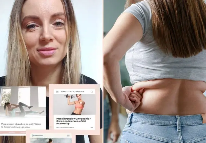 Kobieta pokazuje obwisły brzuch po ciąży. Obok grafiki z ćwiczeniami i hasłem "Płaski brzuch w 2 tygodnie?".