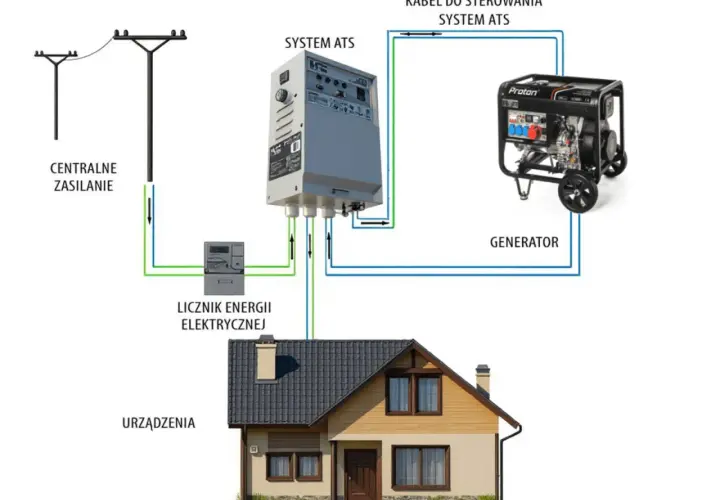 Schemat automatycznego przełącznika (ATS) dla zasilania trójfazowego. Pokazuje przepływ energii z sieci, przez licznik, do systemu ATS, a następnie do urządzeń w domu lub generatora awaryjnego.
