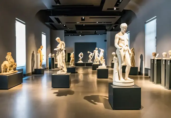 Salle d'exposition du musée national romain, remplie de statues antiques en marbre, dont des figures masculines nues et des bustes.