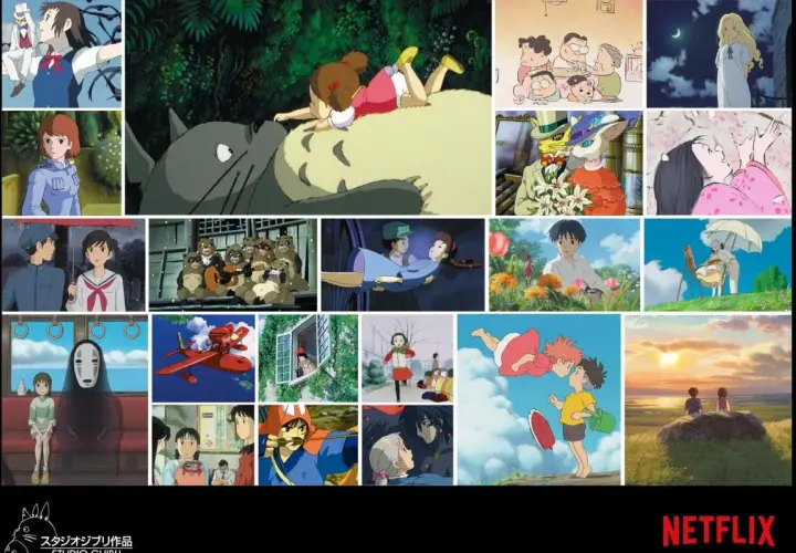 En collage med scener från filmer med Hayao Miyazaki, inklusive Totoro, Chihiro och Ponnyo.