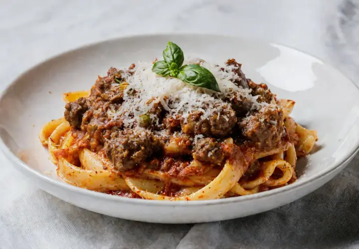 Pyszne tagliatelle z bogatym ragu mięsnym, posypane parmezanem i listkiem bazylii. Idealny przepis na ragu dla każdego.
